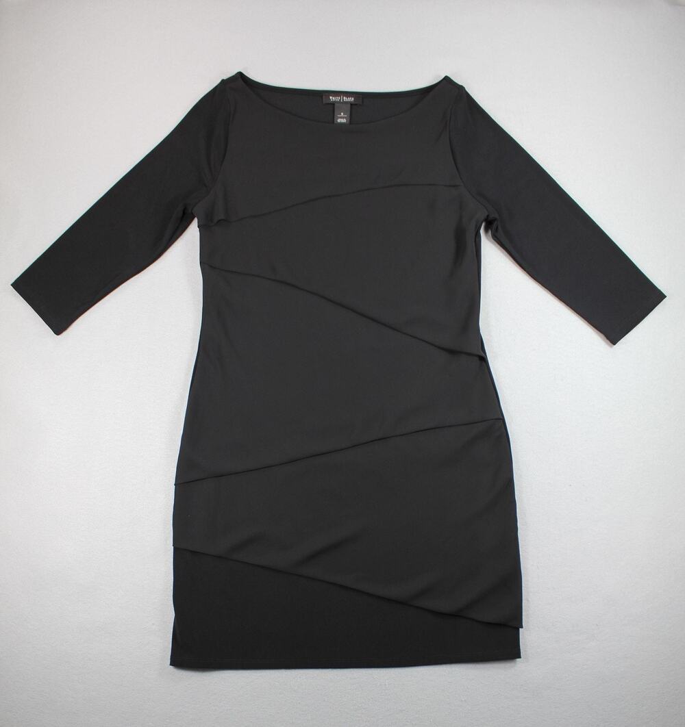 White House Black Market Dress Womens S Black Sheath 3/4 Sleeve Ruffle Jersey